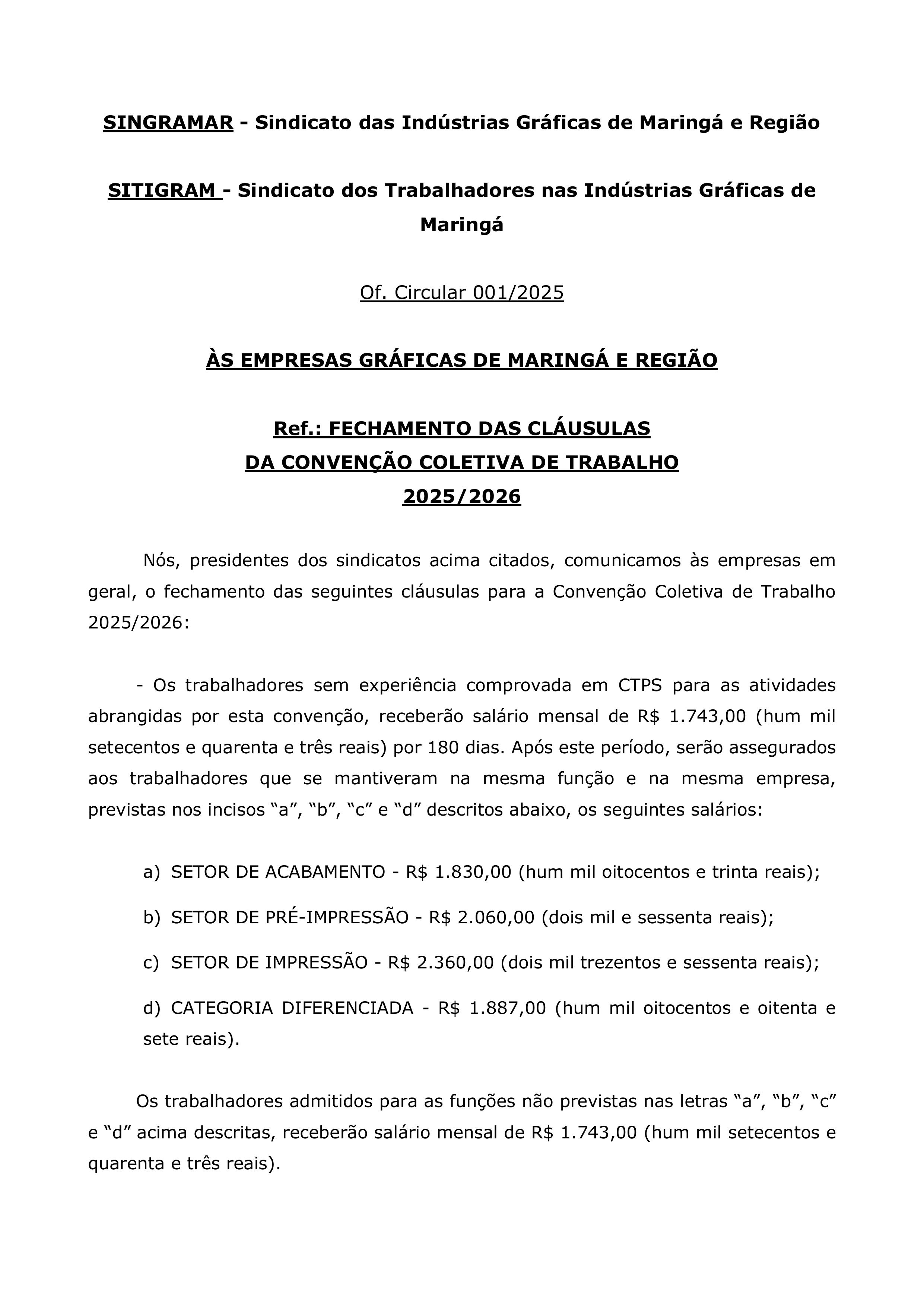 Sindicatos divulgam fechamento das Cláusulas da Convenção