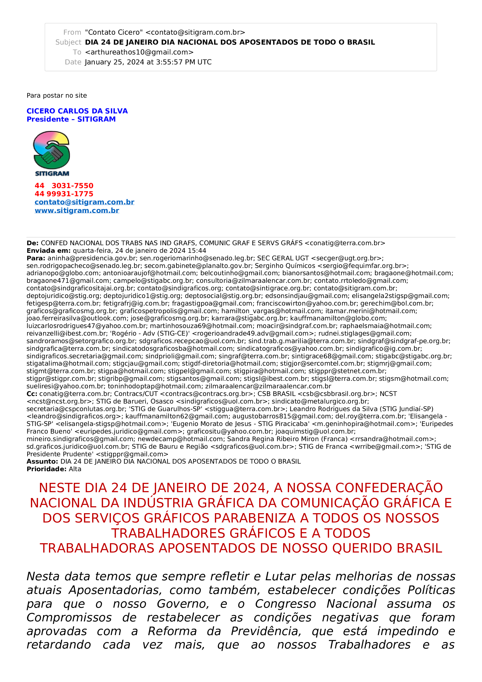 DIA 24 DE JANEIRO DIA NACIONAL DOS APOSENTADOS DE TODO O BRASIL